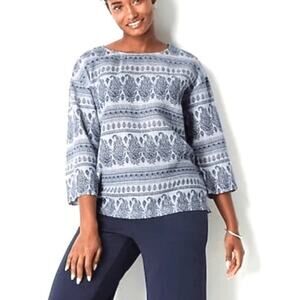 J.Jill Pure Jill Woven Hemp Paisley Top Womens Large Blue 3/4 Sleeve Lightweight